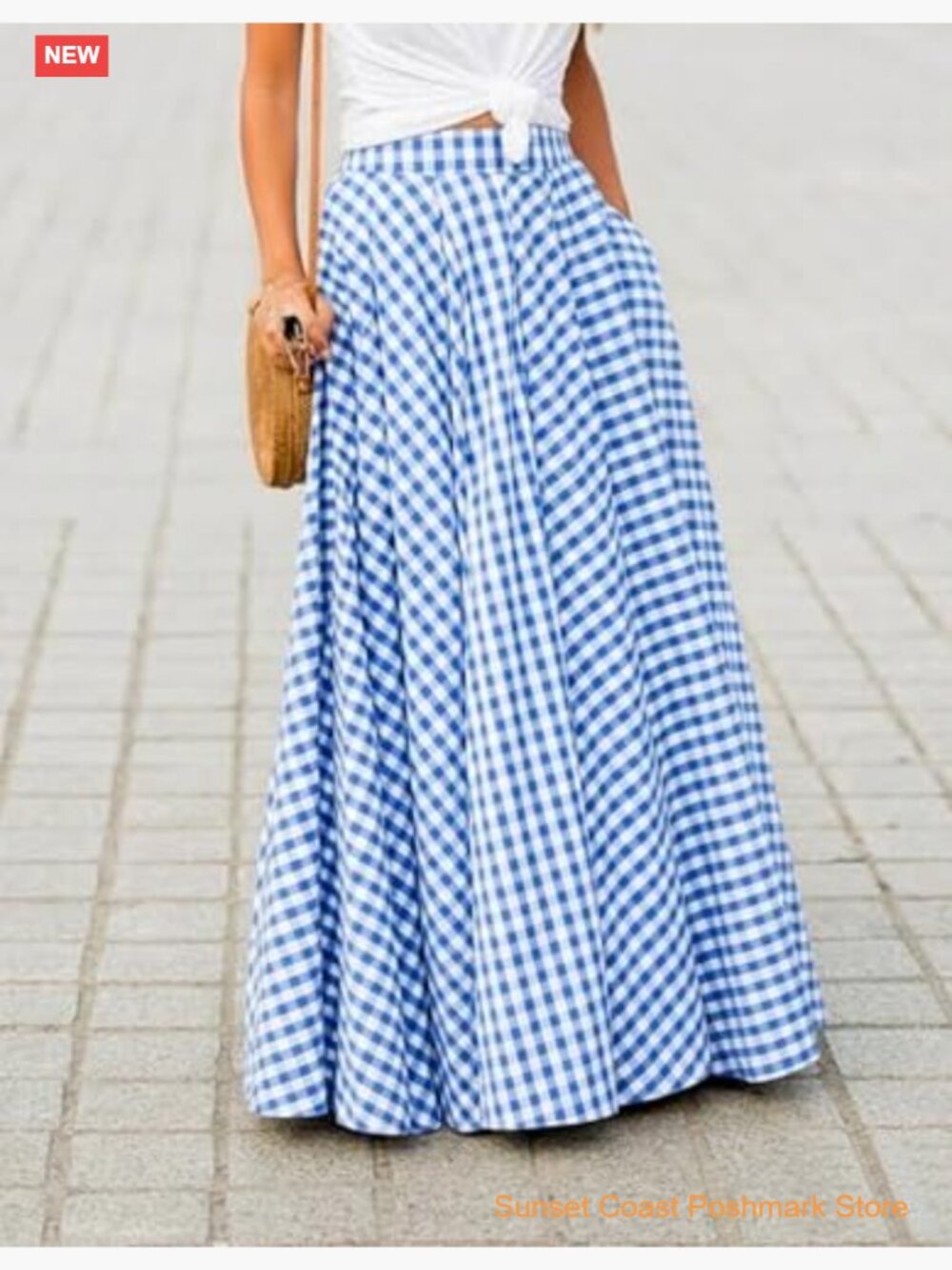 Gingham Maxi Skirt High Waist Pleated A Line Flowy Long Summer - Picture 2 of 7